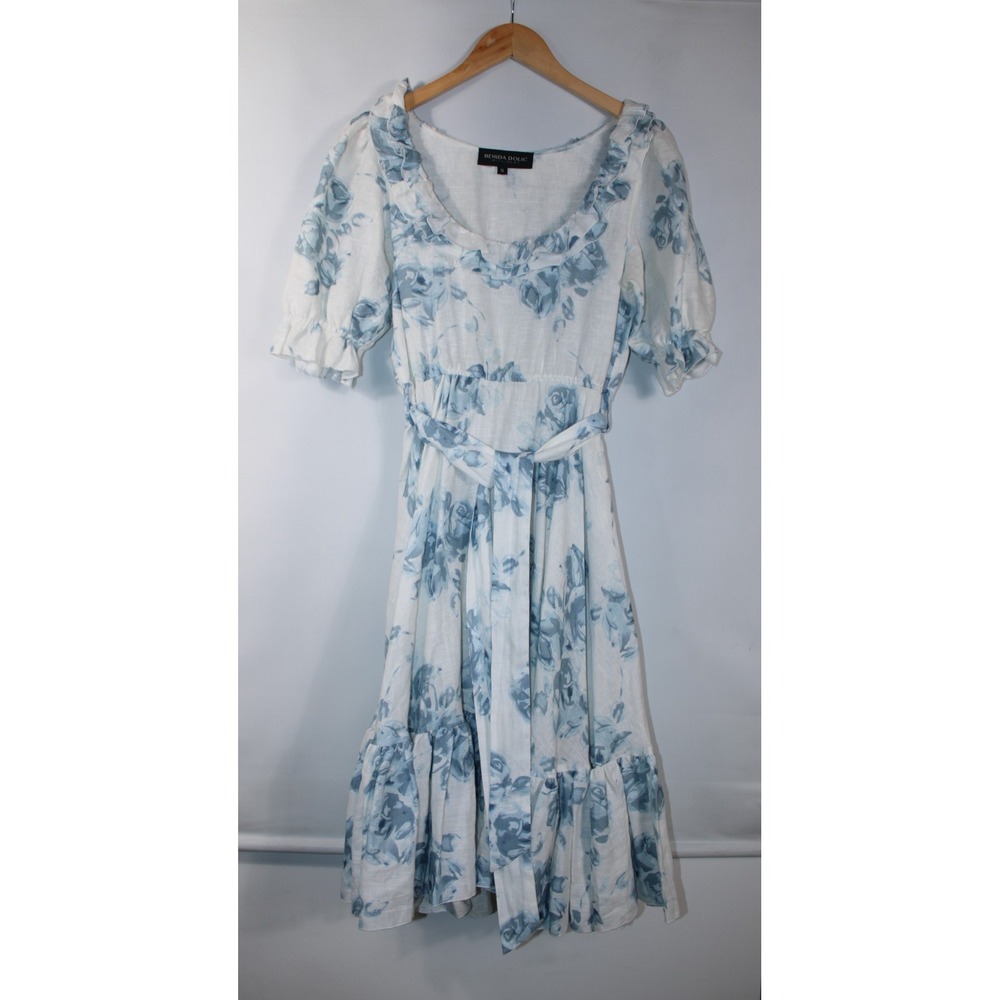 Behida Dolic Women's Small White Blue Belted Floral Short Sleeve Dress